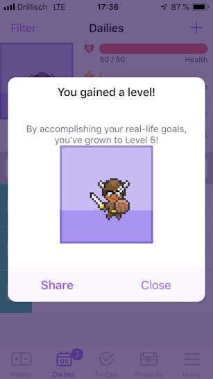Welches Level der Avatar in „Habitica“ erreicht, spielt keine Rolle für die To-do-Funktionen. Die Spielmechanik ist abgekoppelt von der eigentlichen Verwendung der App und leistet deshalb keine Unterstützung bei der Erledigung von Aufgaben. (Screenshot: Habitica)