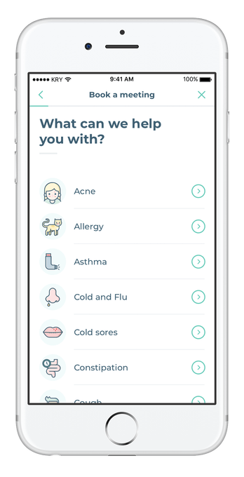 Anhand des Beschwerdebildes entscheidet die App Kry, ob der Patient einen Termin zur Videosprechstunde bei einem Arzt erhält. Eventuell notwendige Rezepte werden direkt an die Wunschapotheke weitergeleitet. (Abbildung: Kry)