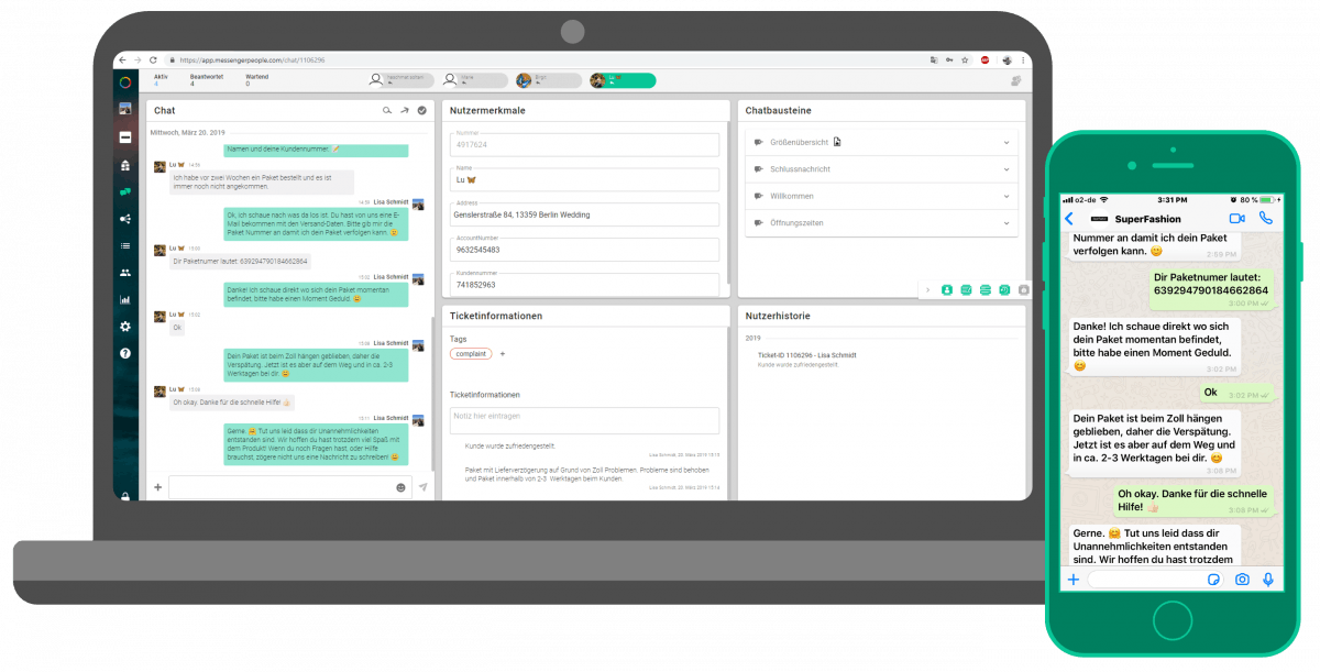 Use of the Whatsapp Business API via the platform of a solution provider, here Messengerpeople. In addition to the chat, user data as well as ticket information and history are always in view. (Image: Messenger People)