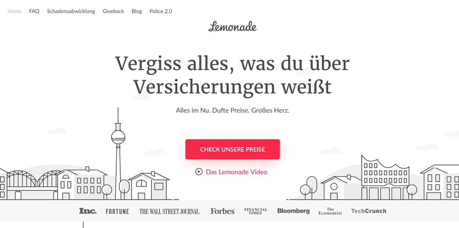 Eine klare Botschaft und ein ansprechendes Erklärvideo mit individuellen Grafiken auf der Startseite: Die Website des Versicherungsanbieters Lemonade regt die Nutzer an, den Besuch der Website als Reise zu erleben. (Screenshot: Lemonade)
