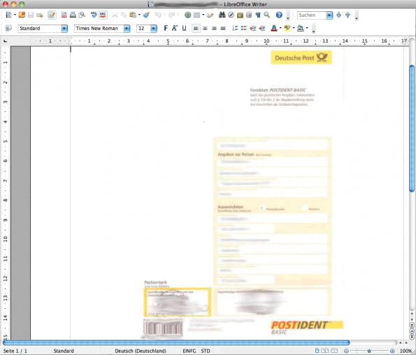 Das komplette Postident-Formular mit allen persönlichen Daten des Geschäftsführers in NeoOffice