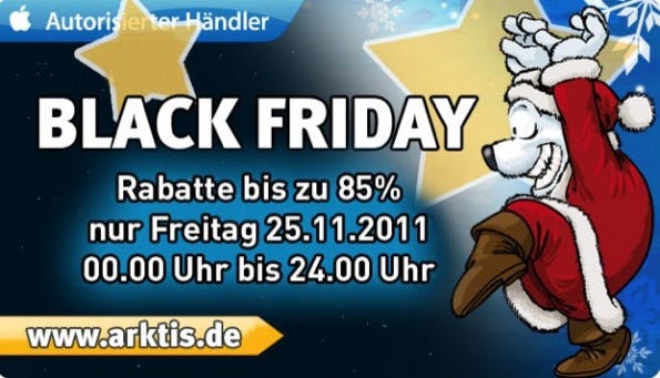 black_friday_arktis Ein Bär im Weihnachtsmannkostüm freut sich auf den Black Friday bei "arctis.de", dem autorisierten Apple Händler, gelbe Sterne, dunkler Hintergrund, Aufschrift: "Blach Friday, Rabatte bis zu 85%, nur Freitag 25.11.2011, 00:00-24:00 Uhr"