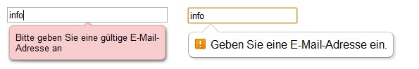 HTML5: Tooltip bei fehlerhafter Eingabe (links im Opera, rechts im Chrome)