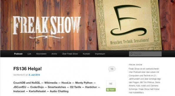 Freakshow hat keinen besonderen Schwerpunkt: „Freak Show ist ein Podcast, der sich mit dem Leben mit Technik im 21. Jahrhundert auseinandersetzt und dabei eine Vielzahl von Themen anschneidet.“ (Screenshot: Freak Show)