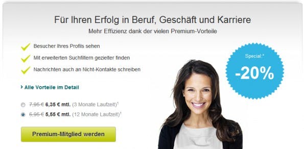 Beispiel Xing: Derzeit erfüllt die Bestellseite der Premiummitgliedschaft zwar die Anforderungen an die Informationen und räumliche Nähe zur Bestell-Schaltfläche. Diese müsste jedoch z.B. "Zahlungspflichtig Premium-Mitglied werden" lauten.