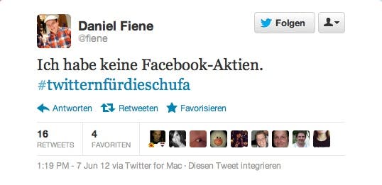 TwitternfuerdieSchufa_6 Twitter für die Schufa: Daniel Fiene weist auf seinen Nichtbesitz von Facebook-Aktien hin.