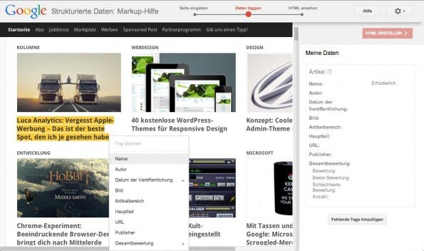 Das Google-Tools „Structured Data Markup Helper“ unterstützt Nutzer bei der Auszeichnung ihrer Inhalte.