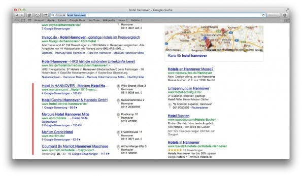 Local SEO betrifft ausschließlich eingeblendete Unternehmenseinträge, hier zum Suchbegriff „Hotel Hannover“.