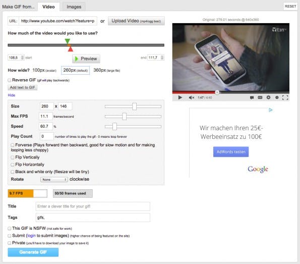 Der schnellste Weg zur animierten GIF ist ein Online-Editor, wie hier im Bild der imgflip Animated GIF Generator.