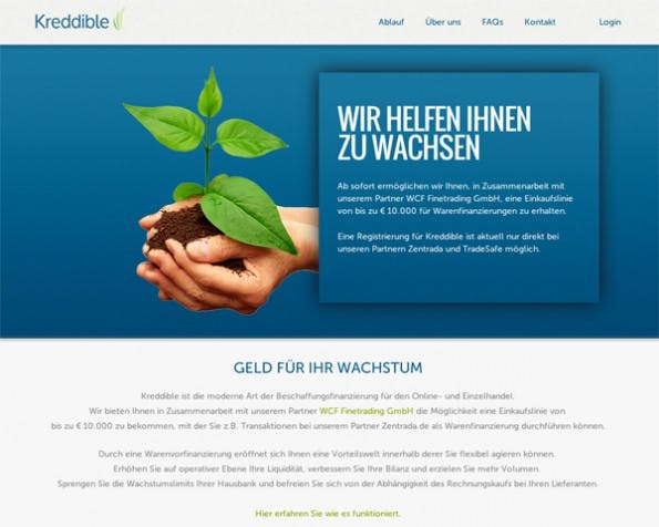 Über Kredibble sollen Online-Händler eine Einkaufslinie von bis zu € 10.000 für Warenfinanzierungen erhalten können. (Screenshot: Kredibble)