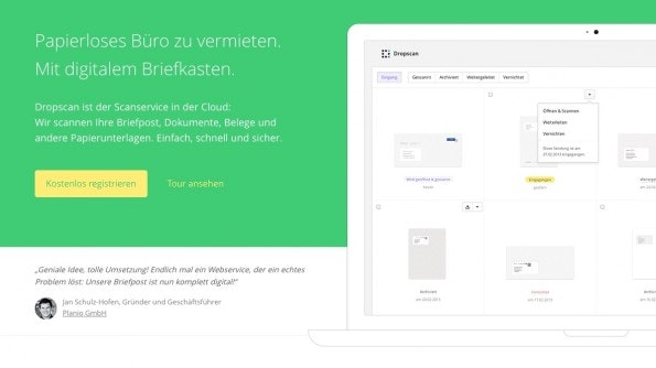 Auf dem besten Weg zum papierlosen Büro, mit Dropscan. (Screenshot: Dropscan.de)