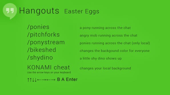 Mit diesen Befehlen lassen sich Hangout-Eastereggs in den Videochat einfügen.