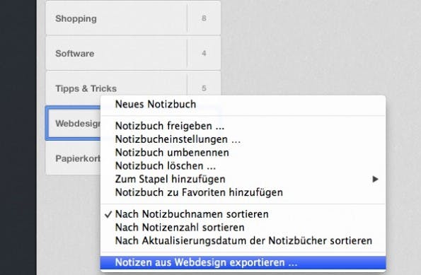 Ein Rechtsklick auf ein Evernote-Notizbuch öffnet die Export-Funktion, die sich für ein Backup nutzen lässt. (Screenshot: Evernote-App)