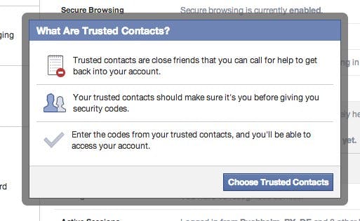 Mit „Trusted Contacts“ können Nutzer drei bis fünf Freunde auswählen, die Facebook beim Verlust des Passwortes kontaktiert kann. (Screenshot: )