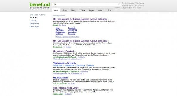 Benefind: Ein Teil der Werbeeinnahmen wird gespendet. (Screenshot: Benefind)