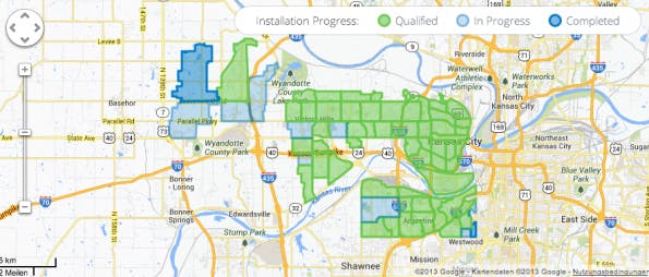 Statuskarte der Google-Fiber-Installation in Kansas City KS. (Screenshot: fiber.google.com)