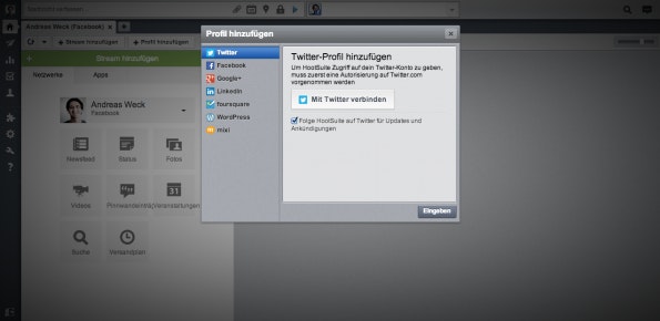 HootSuite kann sieben verschiedene Social Networks einbinden: Twitter, Facebook, LinkedIn, Google+, foursquare, WordPress und mixi. (Screenshot: HootSuite)