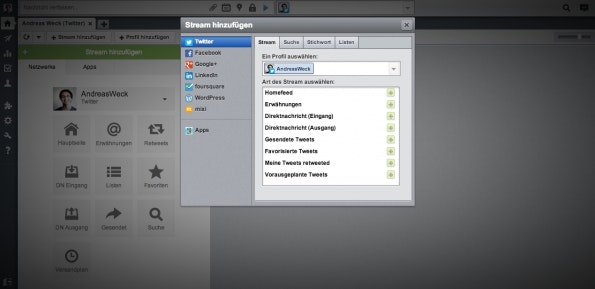 Hat man seine Social Networks in die HootSuite integriert, kann man individuelle Streams anlegen. (Screenshot: HootSuite)