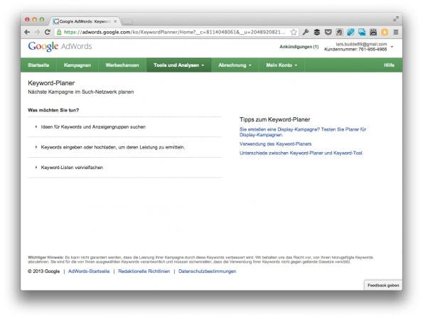 Google Keyword Planer: Der Nachfolger des AdWords Keyword Tool. (Screenshot: google.com)