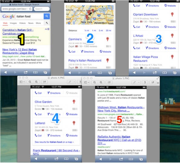 Bei der Suchanfrage „italian food“ musste Aaron Harris bis zu fünften Seite blättern, ehe Google das erste organische Suchergebnis anzeigte. (Quelle: blog.tutorspree.com)