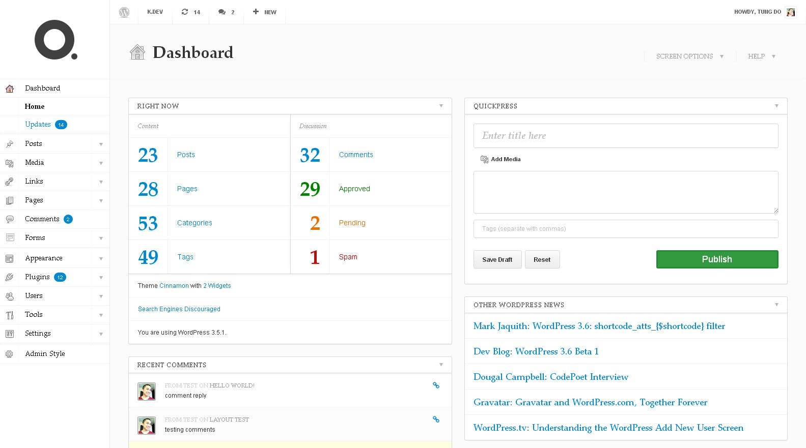 Das Plugin „DP Dashboard“ bringt drei verschiedene Themes mit sich. Zum Beispiel diese helle Variante.