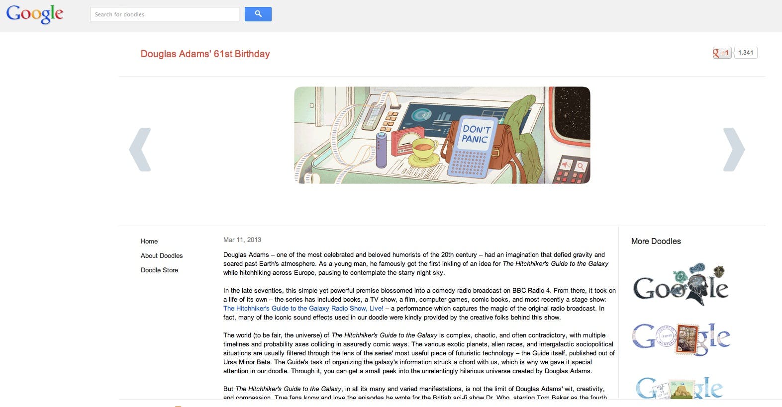Das interaktive Google Doodle anlässlich des 61. Geburtstages von Douglas Adams Anfang 2013. Screenshot: Google