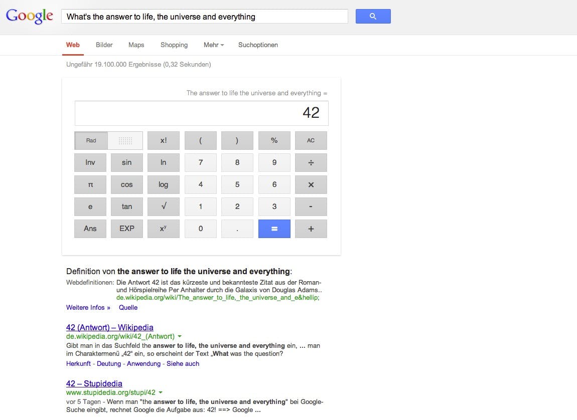 Eines der Google Eastereggs liefert dem Nutzer die Antwort auf die ultimative Frage, wenn er diese in die Suchmaske eingibt. Screenshot: Google