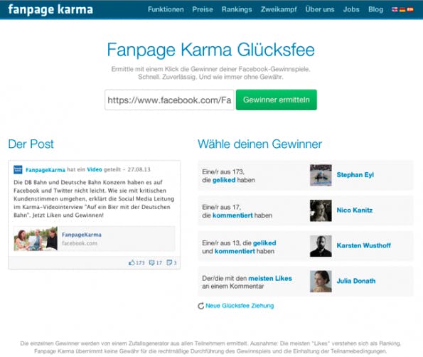 Fanpage Karma bietet mit dem Zufallsgenerator „Glücksfee“ vier verschieden e Möglichkeiten, wie ihr den Sieger eurer Facebook-Fanpage Karma bietet mit dem Zufallsgenerator „Glücksfee“ vier verschieden e Möglichkeiten, wie ihr den Sieger eurer Facebook-Gewinnspiele ermitteln könnt. (Screenshot: Fanpage-Karma-Zufallsgenerator für Facebook-Gewinnspiele)