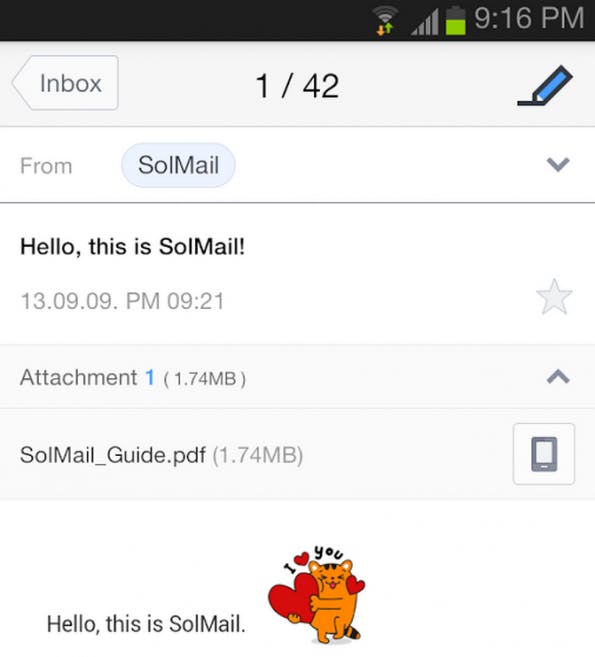 SolMail: Dateimanager und Anhänge und Fun-Stickers zum emotionalen Ausdruck (Screenshot: Google)