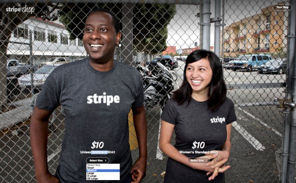 Stripe nutzt den Single-Page-Shop zum Vertriebs der eigenen Merchandising-T-Shirts. (Screenshot: Stripe)