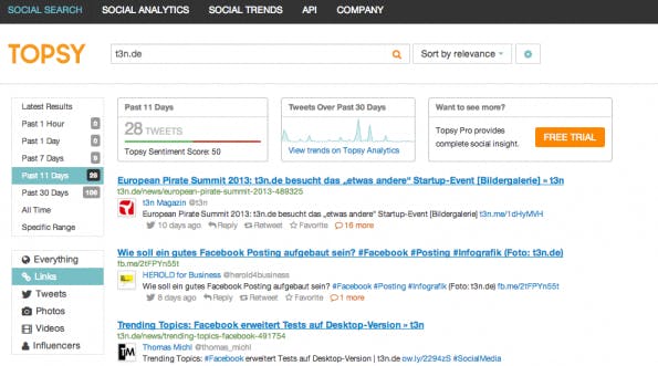 Dashboard: Topsy macht alte Tweets, Links, Bilder und Videos zu Suchwörtern auffindbar. (Screenshot: Topsy)