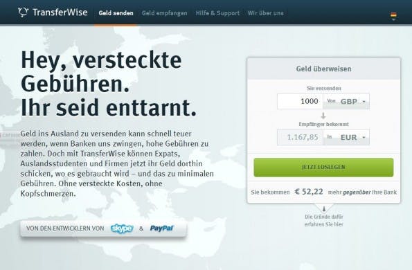 Mit Transferwise lässt sich günstig Geld zwischen verschiedenen Währungen überweisen. (Screenshot: Transferwise)