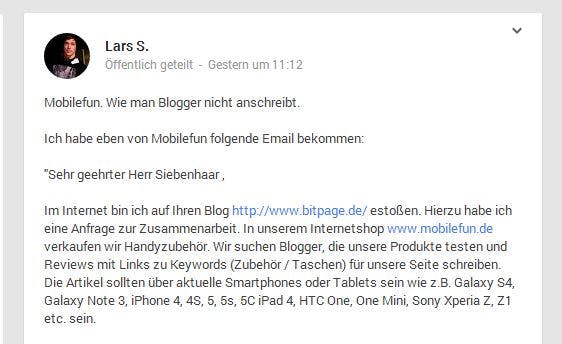 In diesem Google+-Post zeigt Blogger Lars Siebenhaar, wie er nicht von Unternehmen angesprochen werden möchte. (Screenshot: Google+)