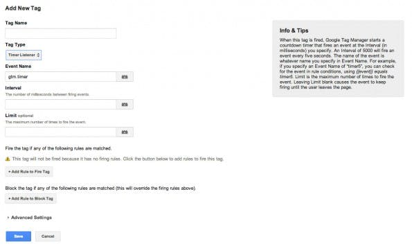 Event-Tracker: Mit dem Timer könnte man die Verweildauer der Besucher messen. (Screenshot: Google Tag Manager)