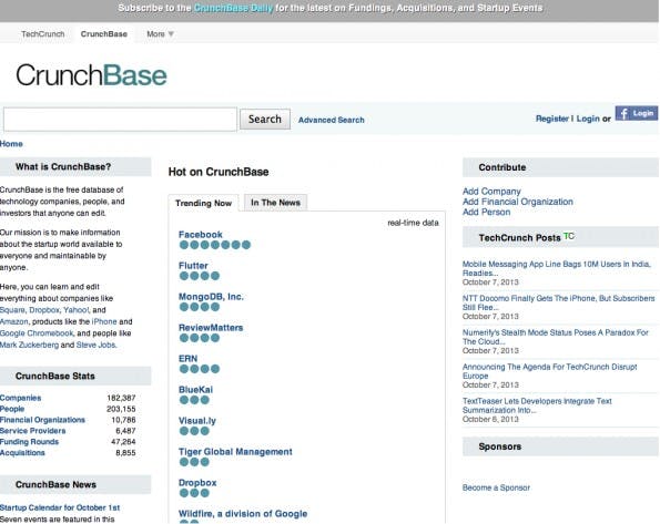 Mächtige Datenbank mit großer Reichweite. Das Startup-Verzeichnis von TechCrunch. (Screenshot: CrunchBase)