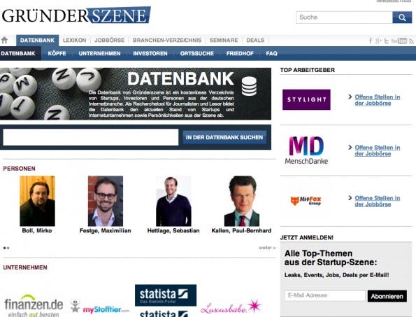 Das Gründerszene-Magazin hat eine große Reichweite. Startups sollten sich deshalb in die Datenbank eintragen lassen. (Screenshot: Gründerszene)