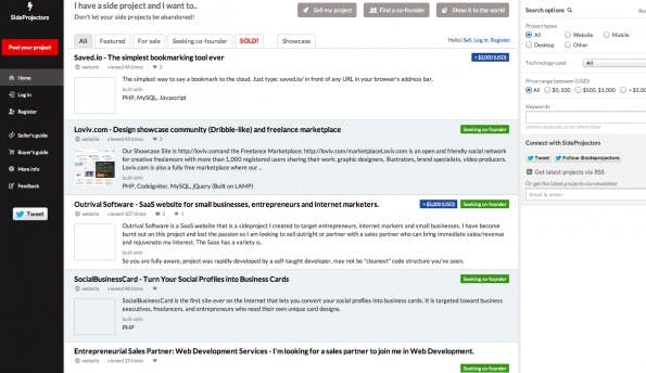 Bei SideProjectors können Startups ihre Projekte vorstellen, aber auch zum Verkauf anbieten. (Screenshot: SideProjectors)