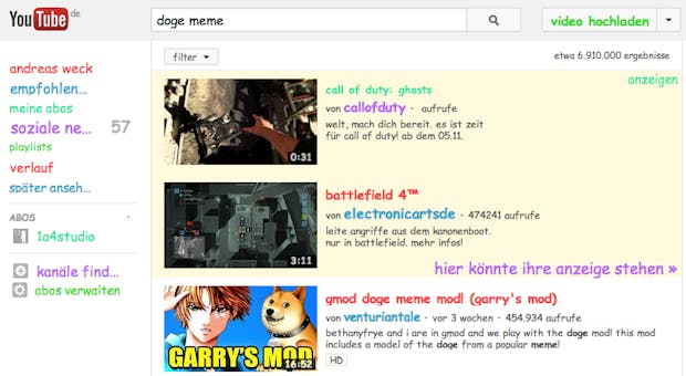 Doge-Meme-Easteregg: YouTube-Suche im Comic-Stil
