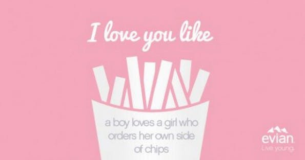 Social-Media-Kampagne von Evian zum Valentinstag: „I Love You Like“. (Grafik: Evian)