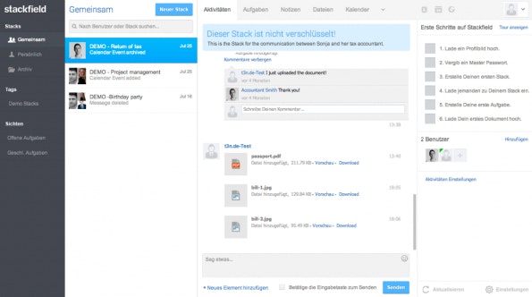 Enterprise-Social-Network Stackfield: Clientseitige Verschlüsselung bietet Sicherheit. (Screenshot: Stackfield)