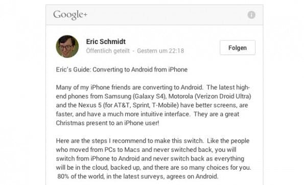 Auszug aus dem Google+-Posting von Eric Schmidt: „Converting to Android from iPhone“ (Screenshot: Eric Schmidt)