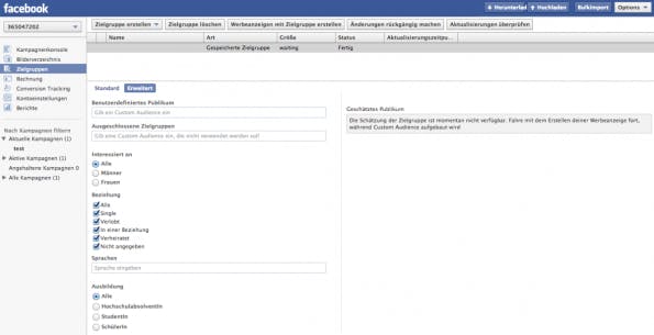 Über „Zielgruppe erstellen“ und „Gespeicherte Zielgruppe“ können Werbetreibende definierte Nutzergruppen erstellen. (Screenshot: Power-Editor)