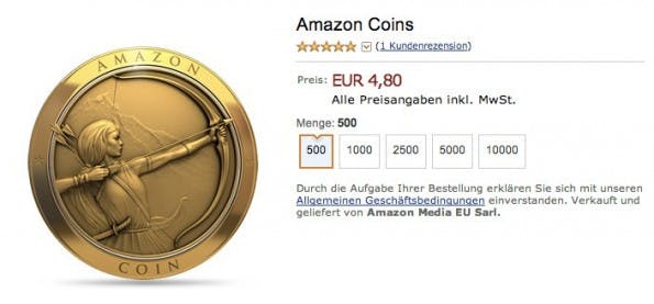 Amazons eigene Währung „Coins“ kann nun auch in Deutschland gekauft und ausgegeben werden. (Screenshot: amazon.de)