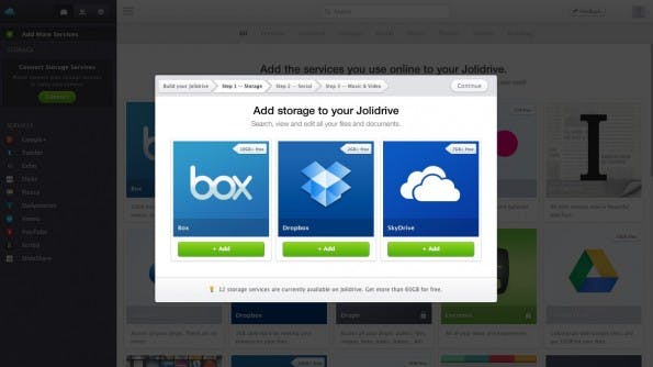 Jolidrive dient als gemeinsame Oberfläche für dutzende Cloud-Dienste. (Screenshot: Jolidrive)