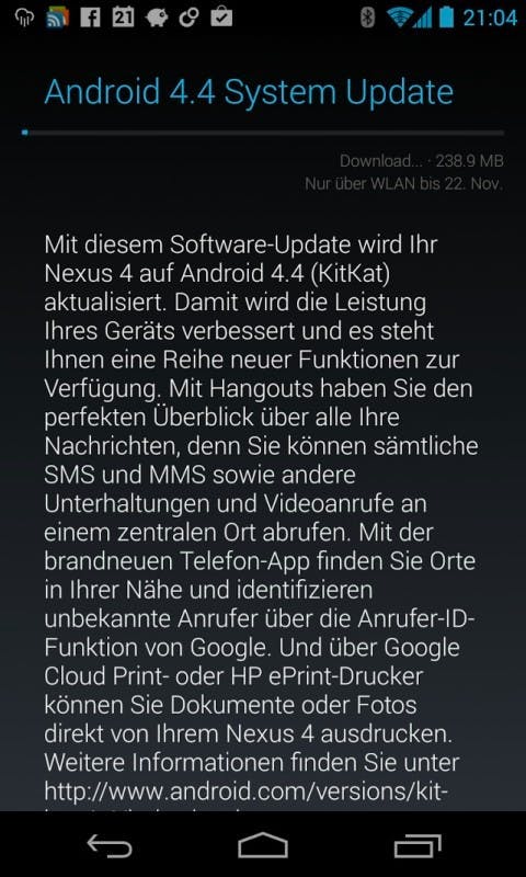 Das Update auf Android 4.4 KitKat ist ab heute für die ersten Nexus-4-Nutzer verfügbar und wiegt rund 240 Megabyte. (Quelle: stadt-bremerhaven.de)