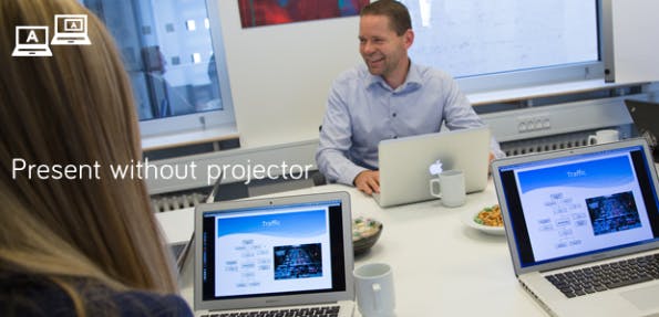 Airtame streamt auch den Bildschirminhalt zwischen mehreren Clients, und kann deswegen gut für Präsentationen oder im Klassenzimmer verwendet werden. (Quelle: Indiegogo.com)