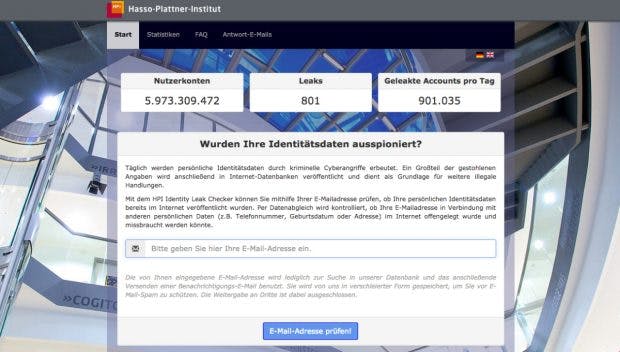 Deutschsprachiger Dienst: Der Identity Leak Checker wird vom Hasso-Plattner-Institut betrieben. (Screenshot: sec.hpi.uni-potsdam.de)