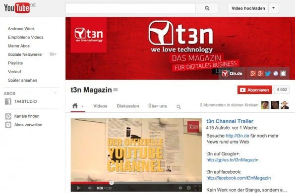 Unser hauseigener Youtube-Kanal für das t3n-Magazin: Auch die CI ist für die YouTube-Strategie wichtig. (Screenshot: YouTube)