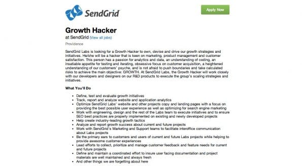 SendGrid auf der Suche nach einem Growth Hacker. (Screenshot: boards.greenhouse.io)