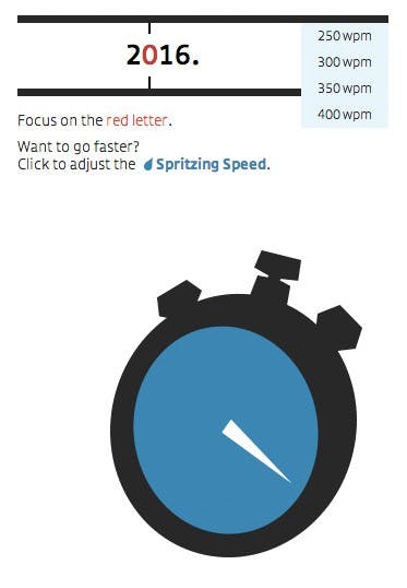 Spritz lässt den Leser die Geschwindigkeit zwischen 250 und 400 Wörtern pro Minute festlegen. (Quelle: learn2spritz.com)